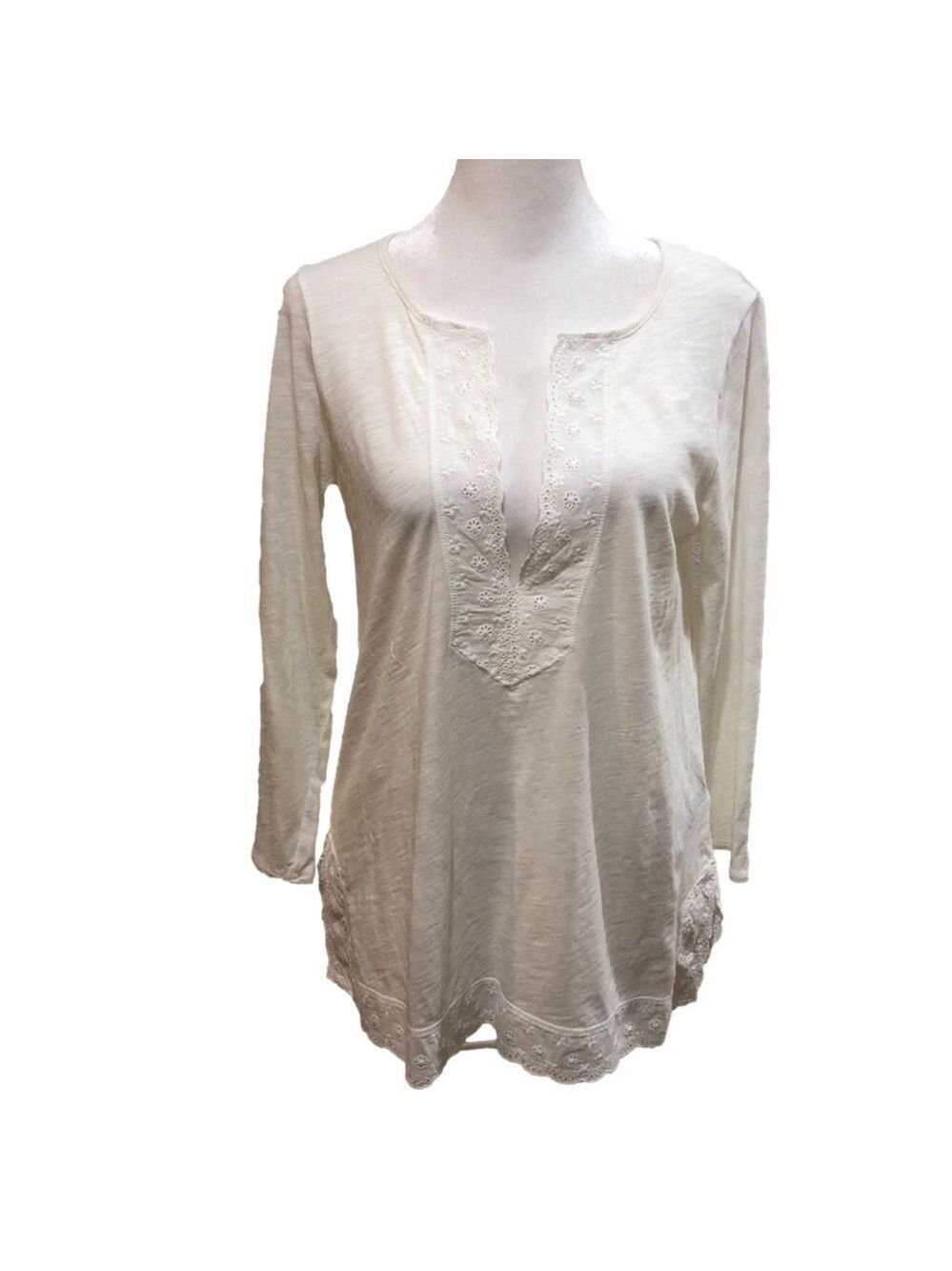 J Crew cotton knit top with eyelet lace trim. V-neck.  White. Size S